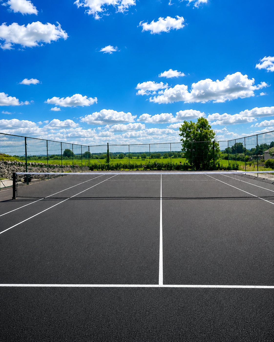 Kilberry tennis court overlooking the open countryside on a bright summer day